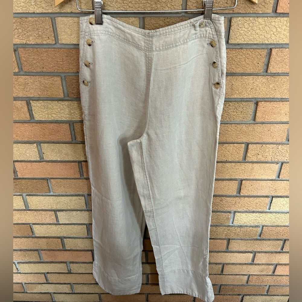 J. Jill 100% Linen Wide Leg Sailor Pants Button Accent Light Beige Size 8